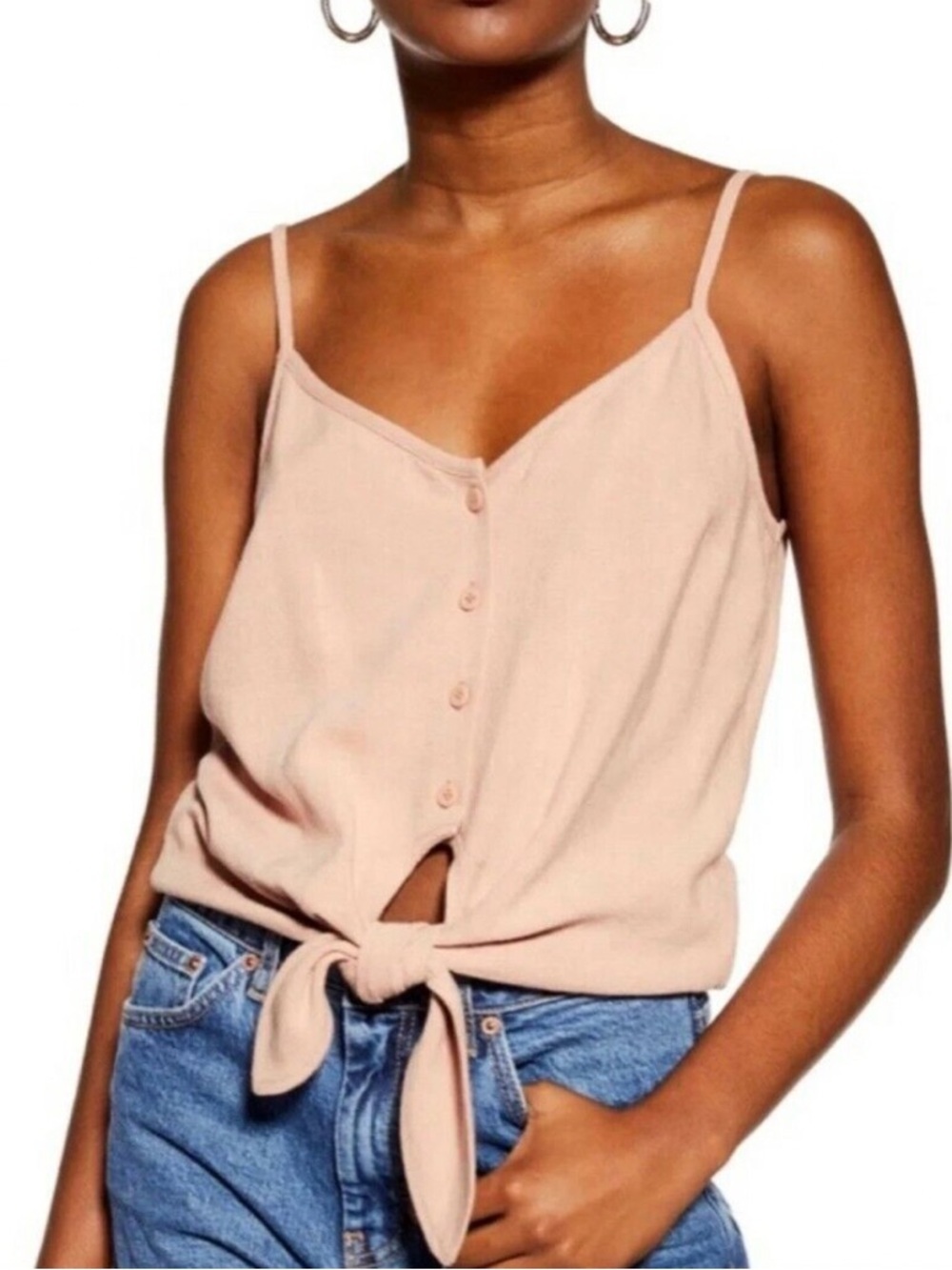 Topshop Blush Linen Blend Button Front Tie Hem Cami Tank Size 8